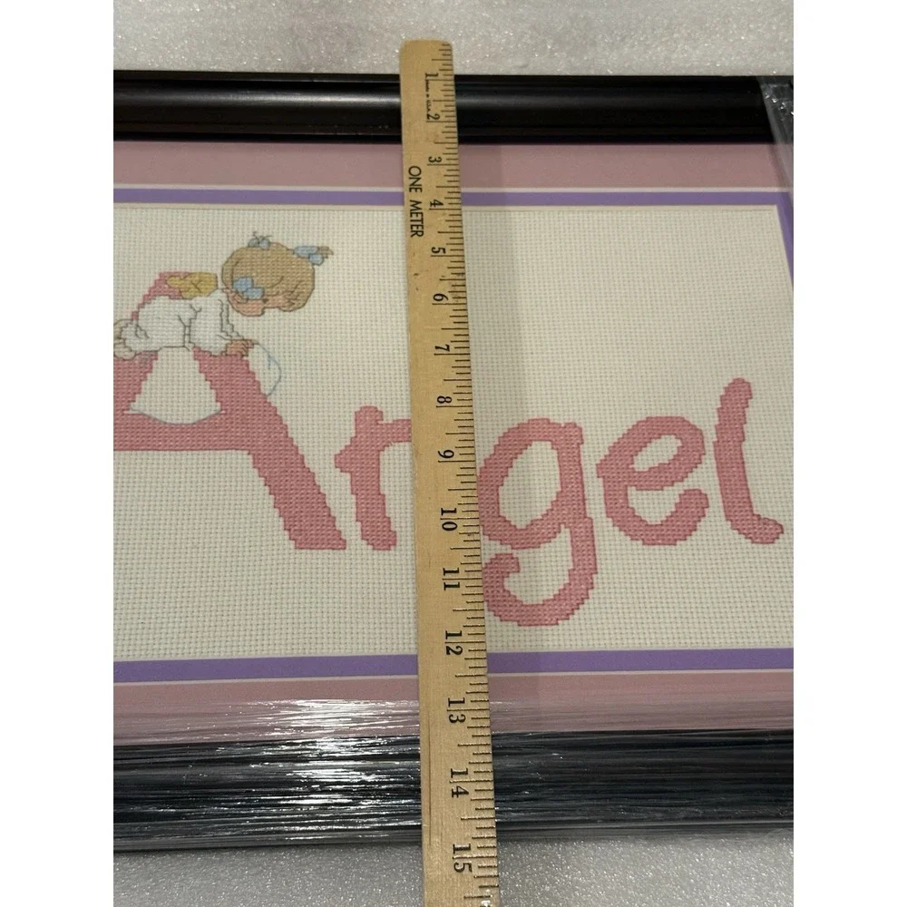 Needlepoint Angel Wall Art Framed Plaque Hanging Handmade Cross-stitch Pink